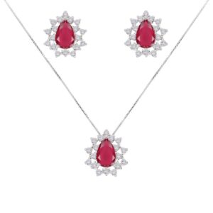 Conjunto Colar e Brinco Piuka Gota Rubi Média Zircônia Cravejada Folhe