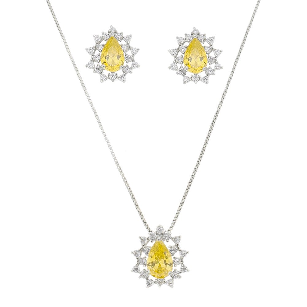 Conjunto Colar e Brinco Piuka Gota Yellow Média Zircônia Cravejada Fol 1 Conjunto Colar e Brinco Piuka Gota Yellow Média Zircônia Cravejada Fol