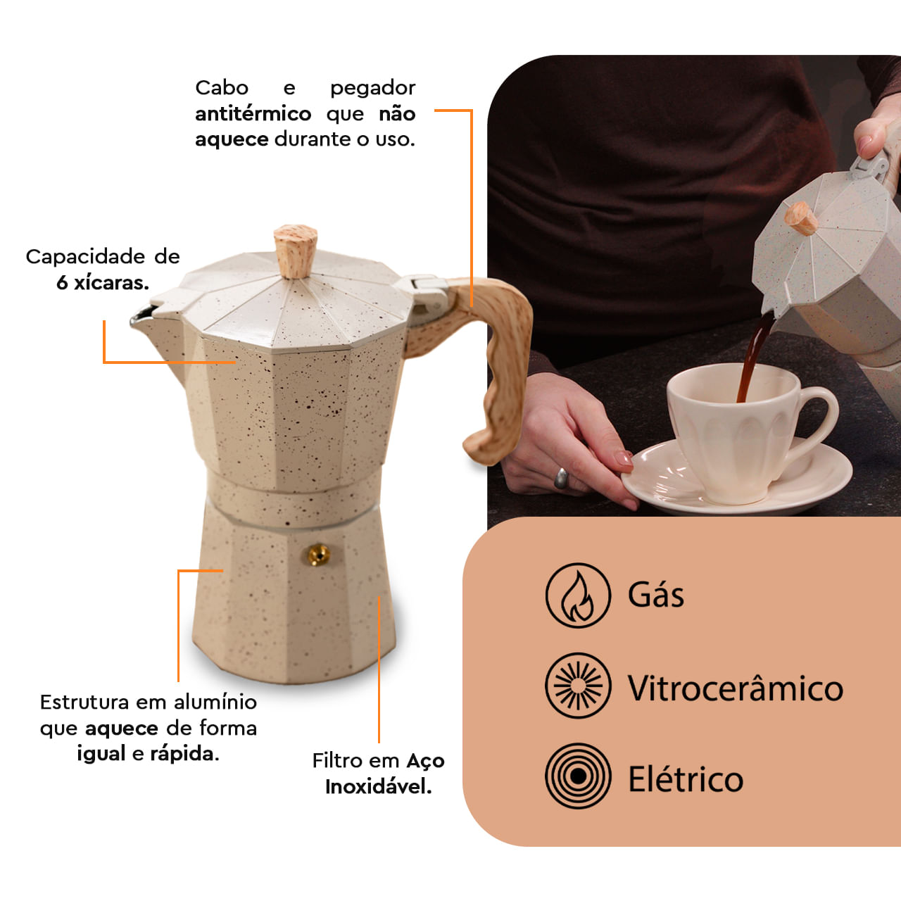 Cafeteira Italiana Brinox Verona 6 Xícaras em Alumínio Vanilla 4 Cafeteira Italiana Brinox Verona 6 Xícaras em Alumínio Vanilla