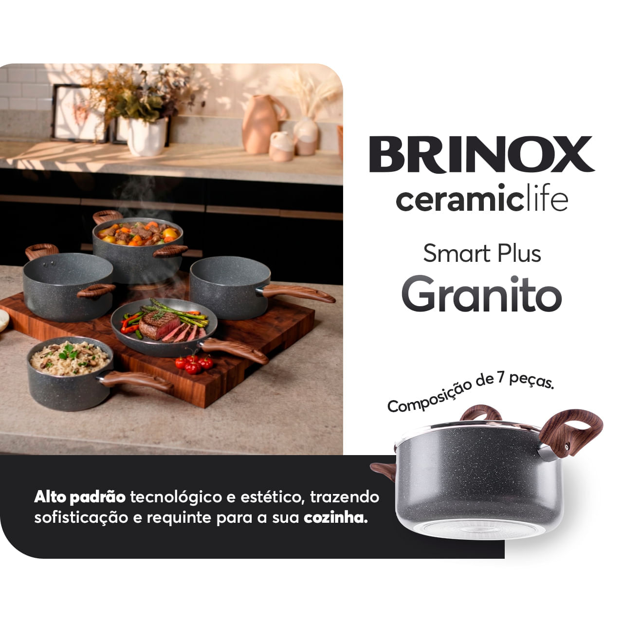 Jogo de Panelas com Indução Brinox Antiaderente Ceramic Life Smart Plus 7 Peças Granito 2 Jogo de Panelas com Indução Brinox Antiaderente Ceramic Life Smart Plus 7 Peças Granito
