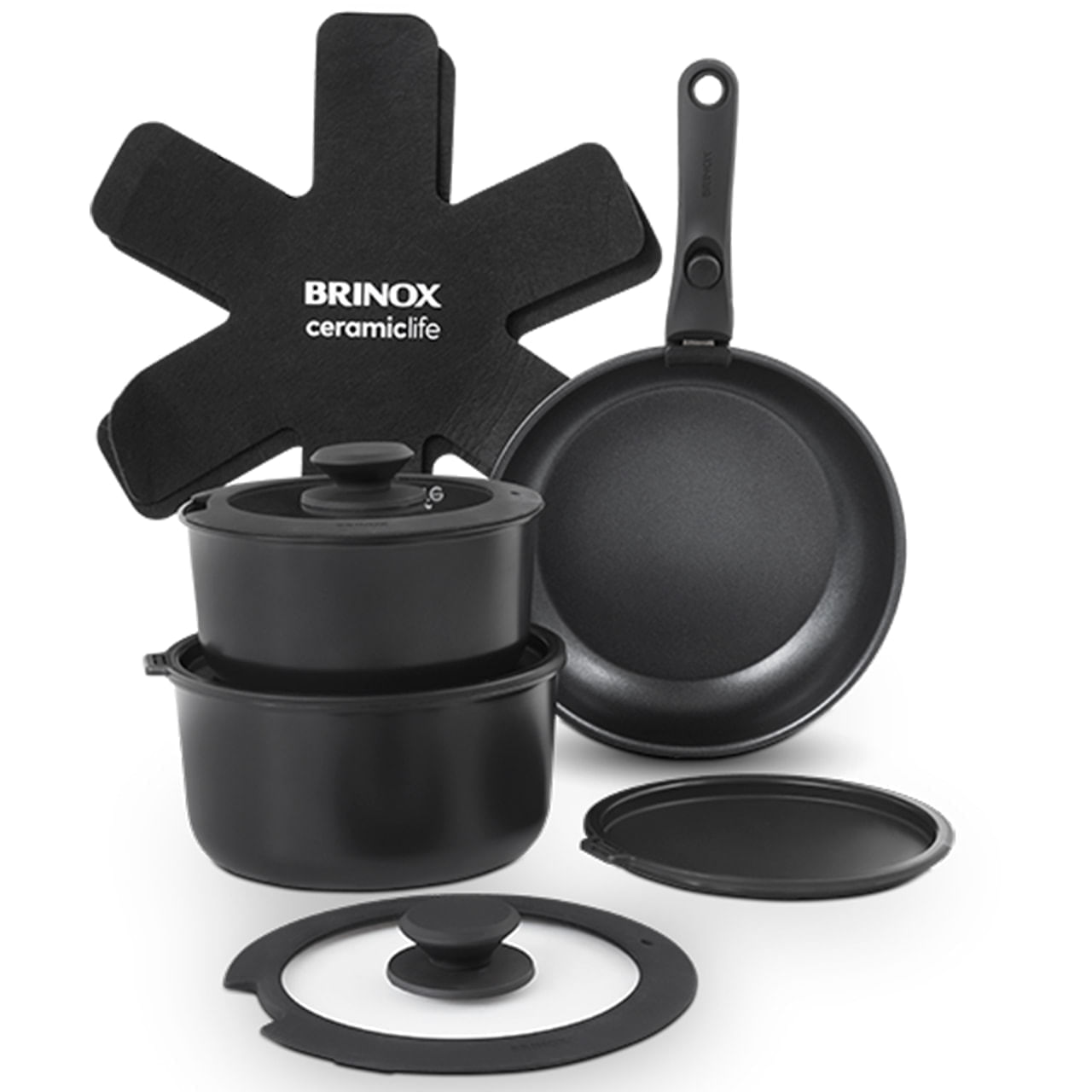 Jogo de Panelas Empilhável Brinox Fit 10 Peças Antiaderente Ceramic Life, Cabo Removível e Fundo de Indução - Preto 1 Jogo de Panelas Empilhável Brinox Fit 10 Peças Antiaderente Ceramic Life, Cabo Removível e Fundo de Indução - Preto