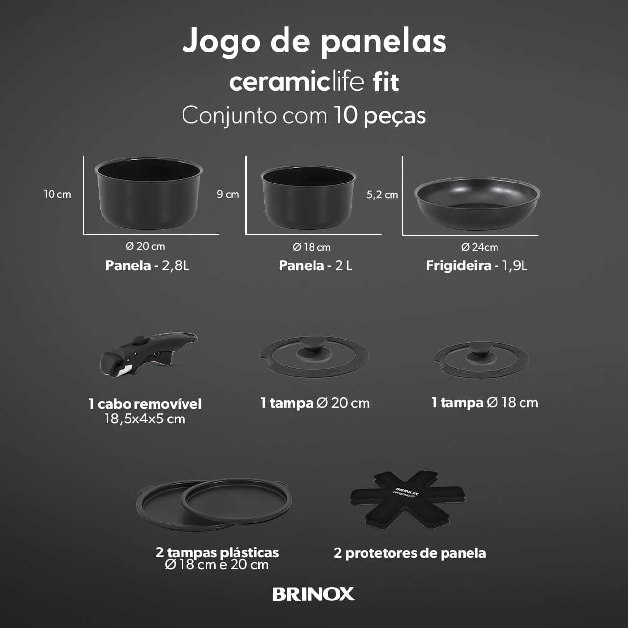 Jogo de Panelas Empilhável Brinox Fit 10 Peças Antiaderente Ceramic Life, Cabo Removível e Fundo de Indução - Preto 4 Jogo de Panelas Empilhável Brinox Fit 10 Peças Antiaderente Ceramic Life, Cabo Removível e Fundo de Indução - Preto
