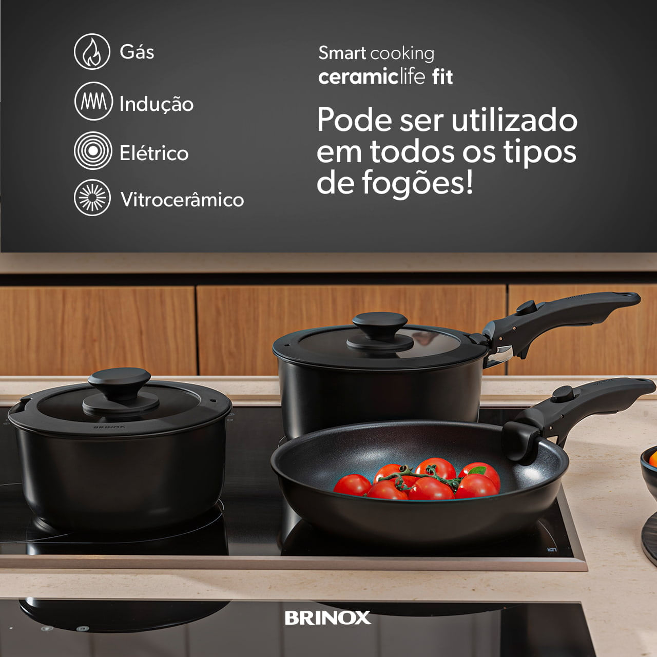 Jogo de Panelas Empilhável Brinox Fit 10 Peças Antiaderente Ceramic Life, Cabo Removível e Fundo de Indução - Preto 5 Jogo de Panelas Empilhável Brinox Fit 10 Peças Antiaderente Ceramic Life, Cabo Removível e Fundo de Indução - Preto