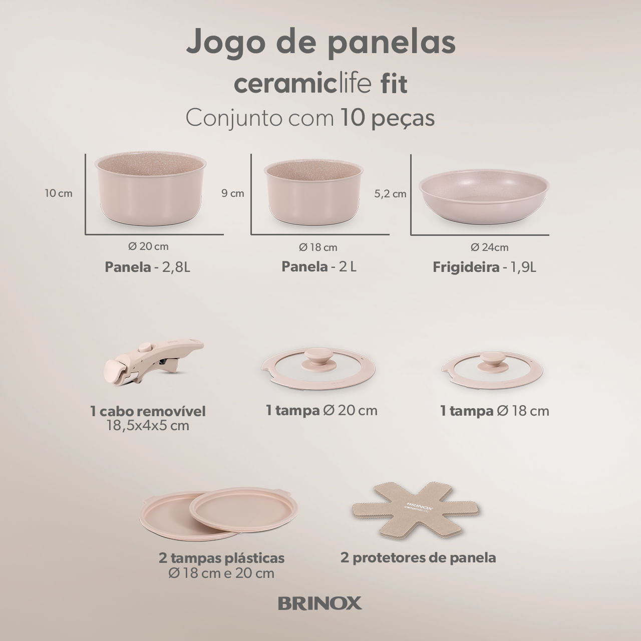 Jogo de Panelas Empilhável Brinox Fit 10 Peças Antiaderente Ceramic Life, Cabo Removível e Fundo de Indução - Areia 3 Jogo de Panelas Empilhável Brinox Fit 10 Peças Antiaderente Ceramic Life, Cabo Removível e Fundo de Indução - Areia