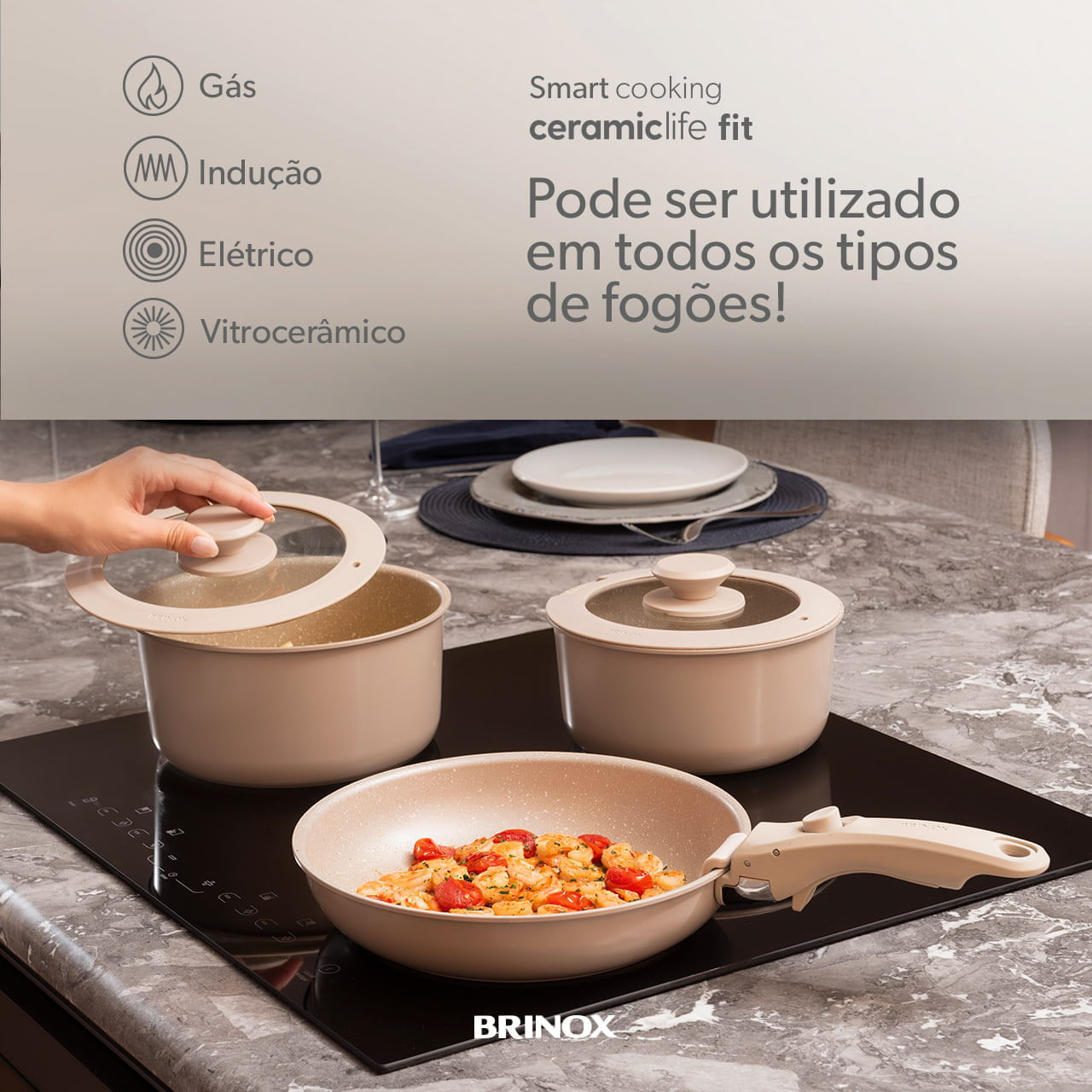 Jogo de Panelas Empilhável Brinox Fit 10 Peças Antiaderente Ceramic Life, Cabo Removível e Fundo de Indução - Areia 4 Jogo de Panelas Empilhável Brinox Fit 10 Peças Antiaderente Ceramic Life, Cabo Removível e Fundo de Indução - Areia