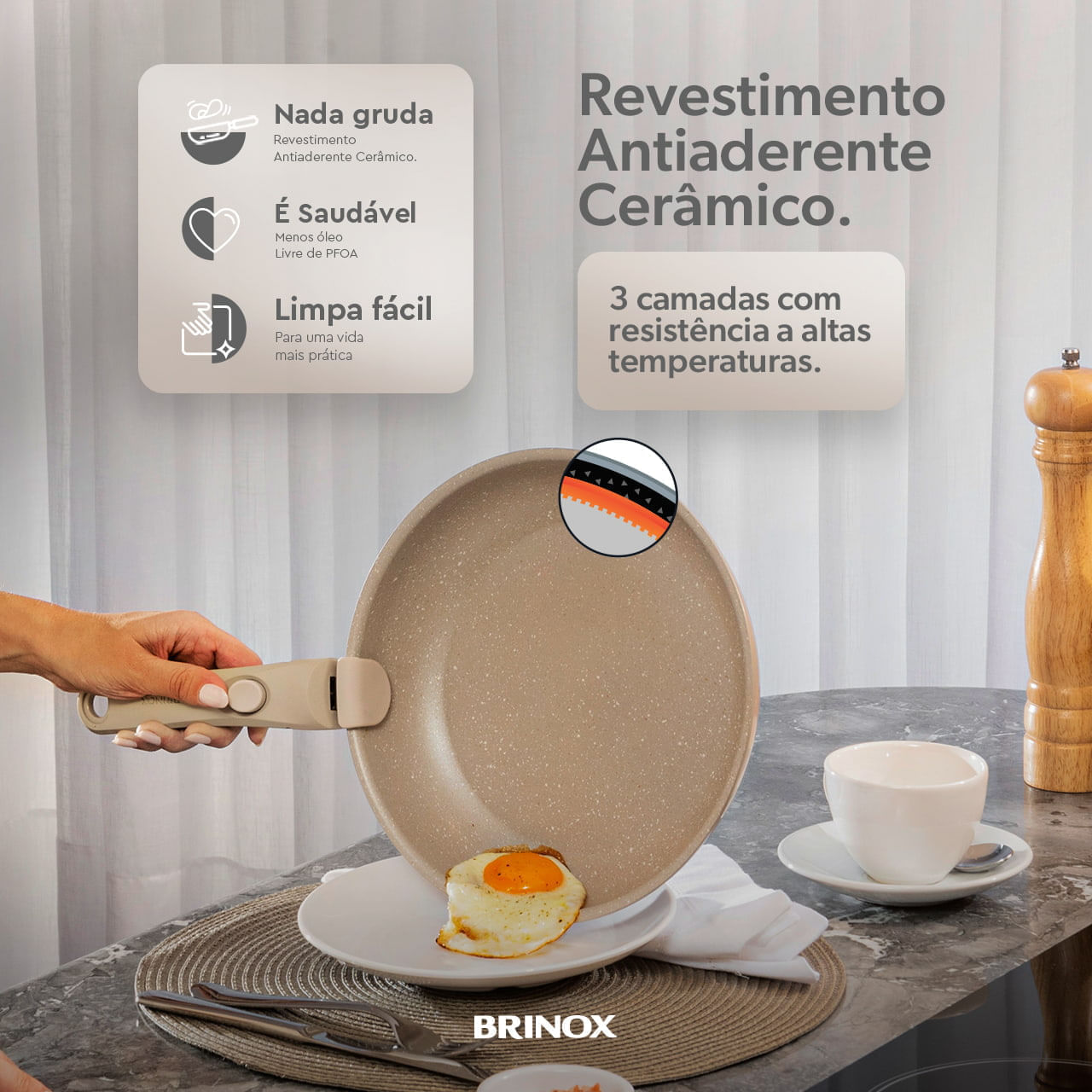 Jogo de Panelas Empilhável Brinox Fit 10 Peças Antiaderente Ceramic Life, Cabo Removível e Fundo de Indução - Areia 5 Jogo de Panelas Empilhável Brinox Fit 10 Peças Antiaderente Ceramic Life, Cabo Removível e Fundo de Indução - Areia