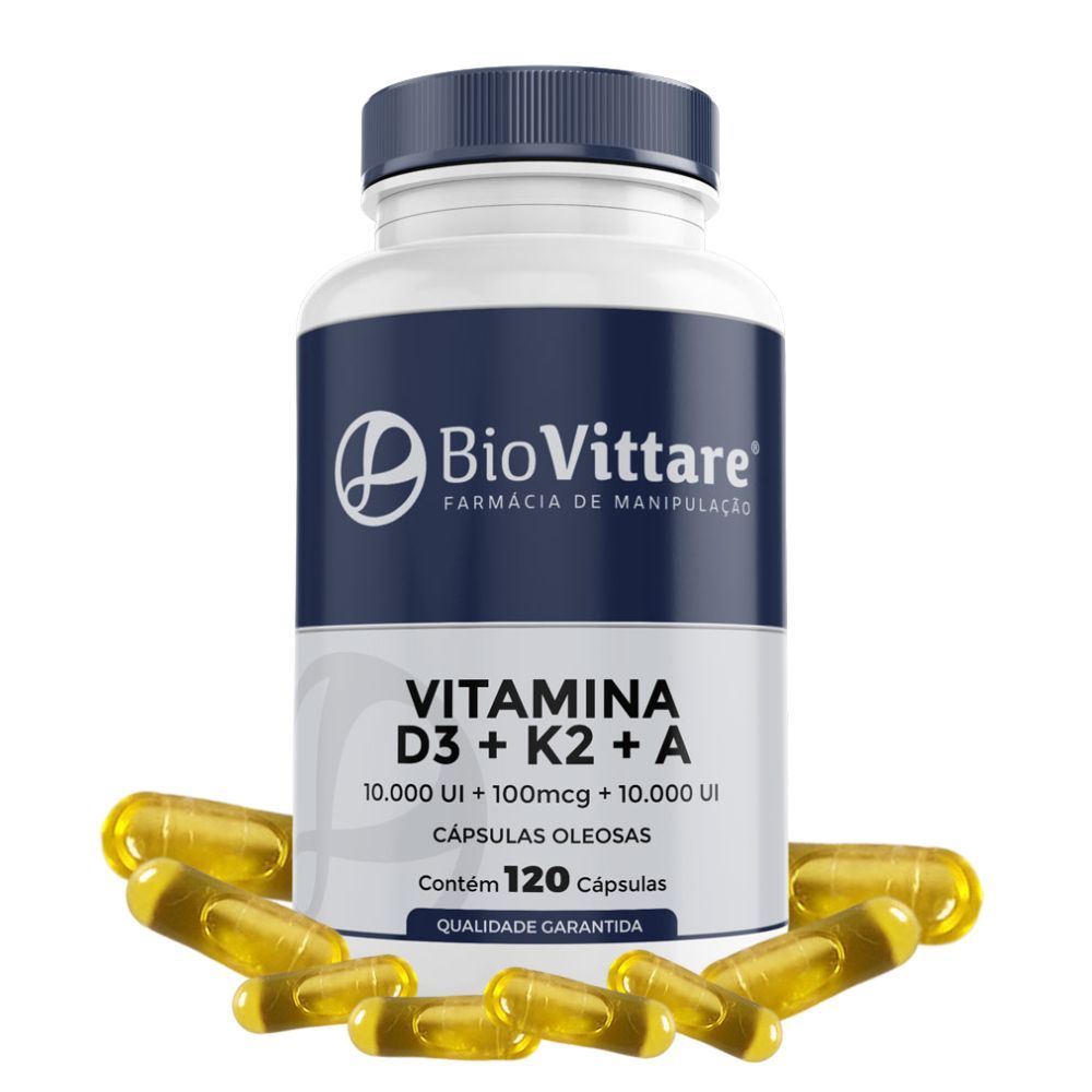 Vitamina D3 10.000 UI + K2 MK7 100mcg + Vitamina A 10.000 UI 120 Cápsulas Oleosas | Trio de Ouro 1 Vitamina D3 10.000 UI + K2 MK7 100mcg + Vitamina A 10.000 UI 120 Cápsulas Oleosas | Trio de Ouro
